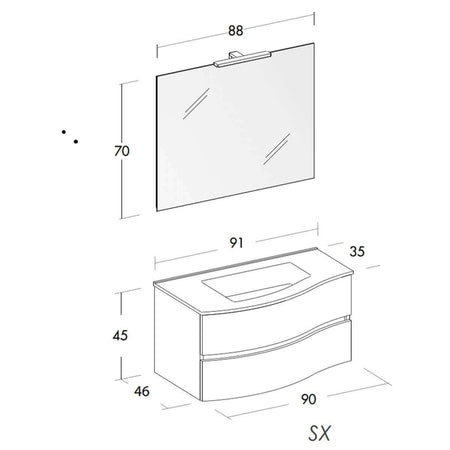 Mobile Bagno Curvo 90cm Sospeso Con Cassettoni