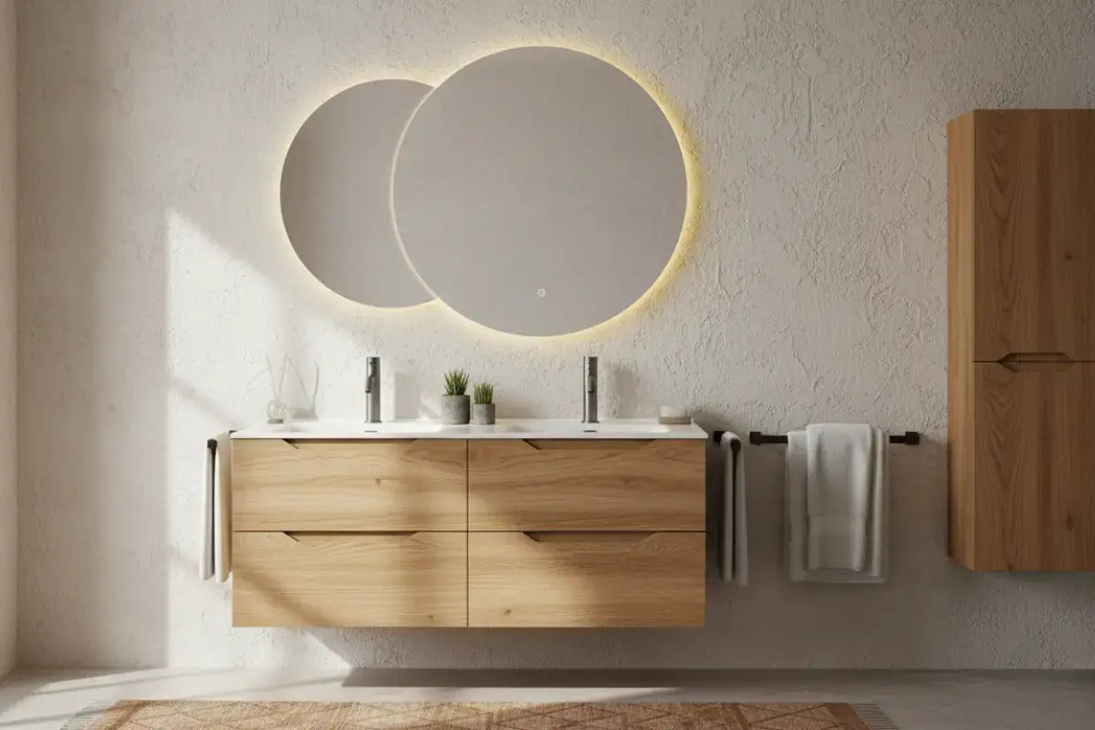 Composizione bagno con mobile doppio lavabo finitura quercia, specchio LED e cassetti - stile contemporaneo