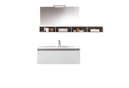 Mobile Bagno Sospeso 100cm Con Cassetto, Pensile a Giorno, Specchio e Lampada Laccato Bianco Opaco + Pensile Grigio Chiaro