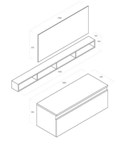 Mobile Bagno Sospeso 100cm Con Cassetto, Pensile a Giorno, Specchio e Lampada