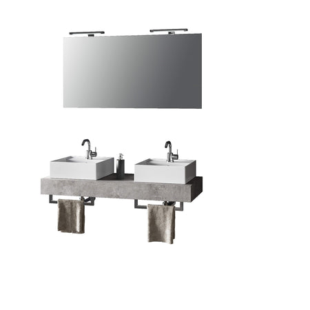 Mobile Bagno Sospeso 120cm Con Doppio Lavabo Specchio, Lampada e Porta Asciugamano Cemento