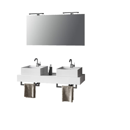 Mobile Bagno Sospeso 120cm Con Doppio Lavabo Specchio, Lampada e Porta Asciugamano Bianco