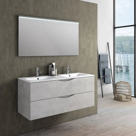 Mobile Bagno Sospeso 120cm Effetto Pietra Con Doppio Lavabo Bianco Effetto Pietra
