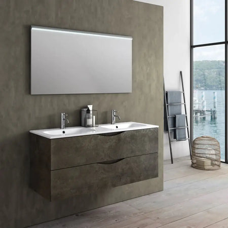 Mobile Bagno Sospeso 120cm Effetto Pietra Con Doppio Lavabo Marrone Effetto Pietra