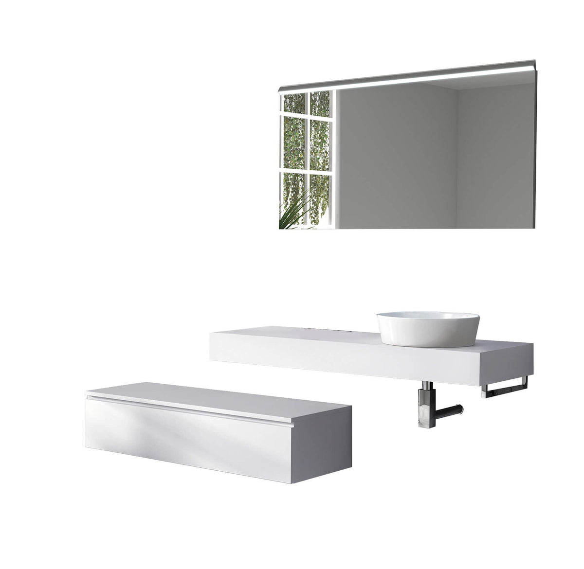 Mobile Bagno Sospeso 220cm Top Con Lavabo, Base Con Cassetto E Specchio Con LED Integrato Top bianco + base laccata bianco opaco