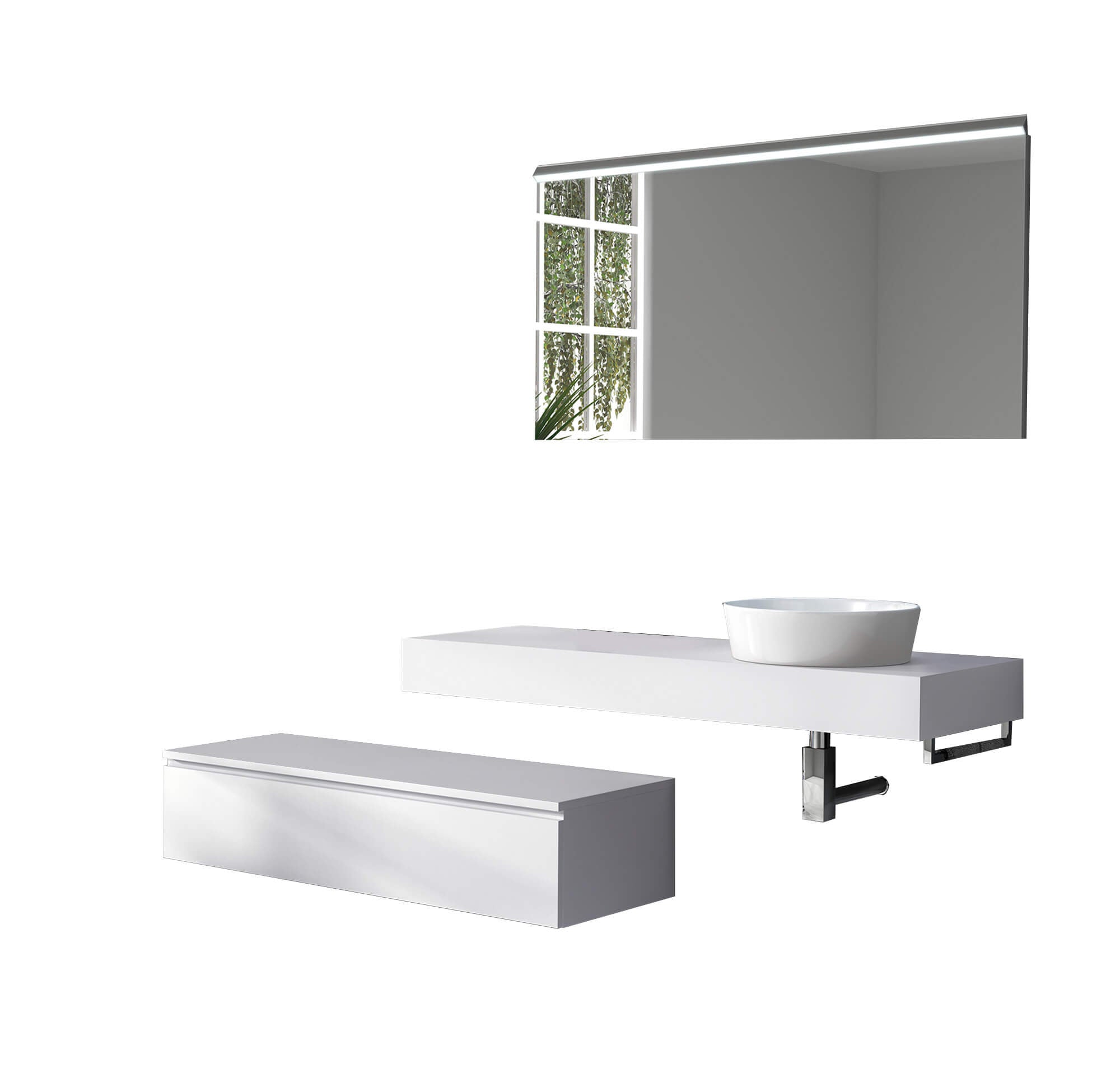 Mobile Bagno Sospeso 220cm Top Con Lavabo, Base Con Cassetto E Specchio Con LED Integrato Top bianco + base laccata bianco opaco