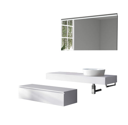 Mobile Bagno Sospeso 220cm Top Con Lavabo, Base Con Cassetto E Specchio Con LED Integrato Top bianco + base laccata bianco opaco