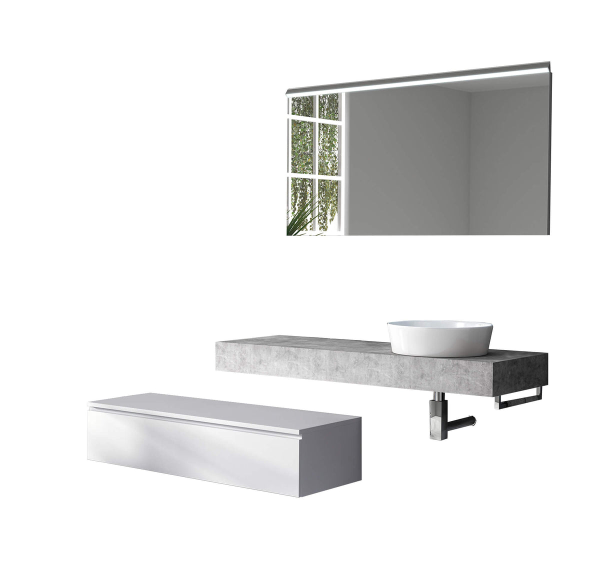 Mobile Bagno Sospeso 220cm Top Con Lavabo, Base Con Cassetto E Specchio Con LED Integrato Top cemento + base laccata bianco opaco