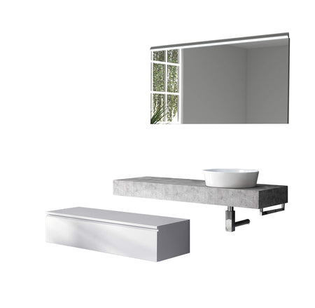 Mobile Bagno Sospeso 220cm Top Con Lavabo, Base Con Cassetto E Specchio Con LED Integrato Top cemento + base laccata bianco opaco