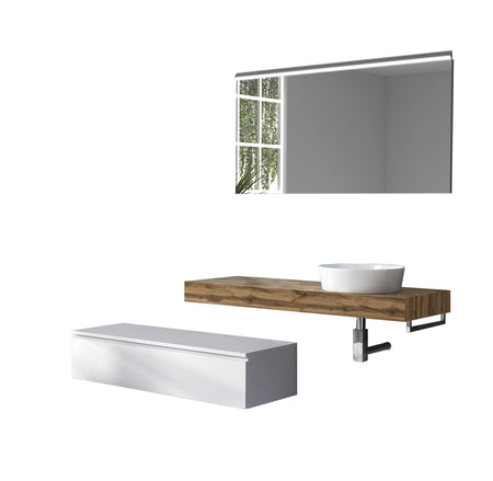 Mobile Bagno Sospeso 220cm Top Con Lavabo, Base Con Cassetto E Specchio Con LED Integrato Top rovere miele + base laccata bianco opaco