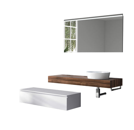Mobile Bagno Sospeso 220cm Top Con Lavabo, Base Con Cassetto E Specchio Con LED Integrato Top noce + base laccata bianco opaco