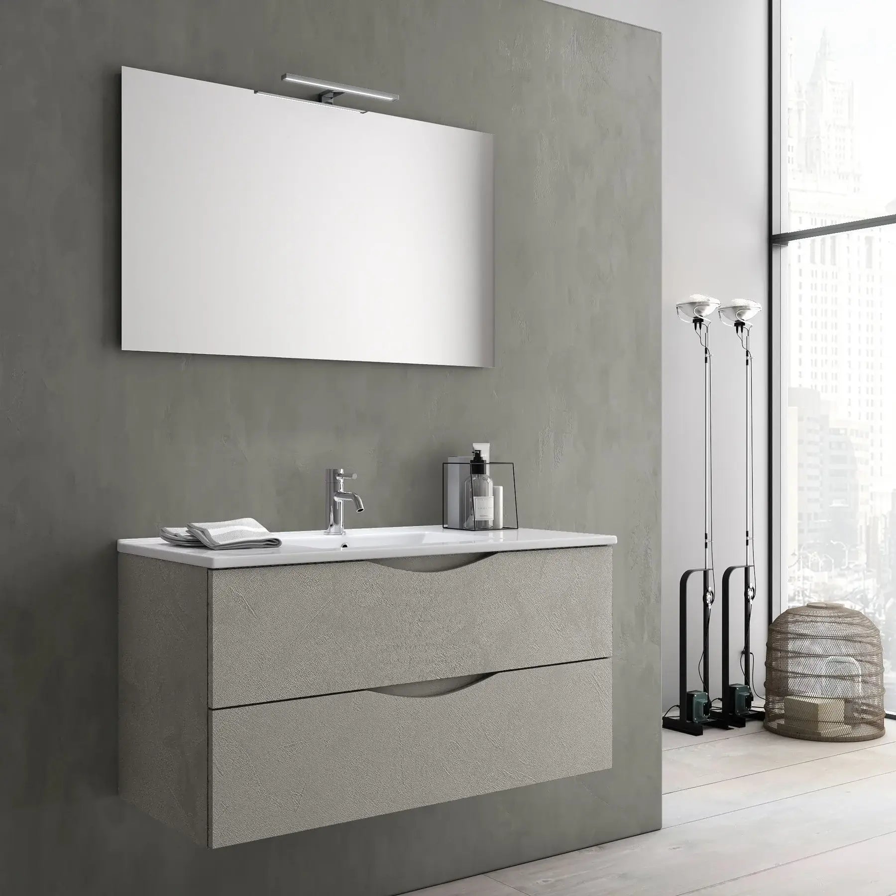 Mobile Bagno Sospeso Effetto Pietra 80cm Due Cassetti e Specchio con Lampada Avana Effetto Pietra