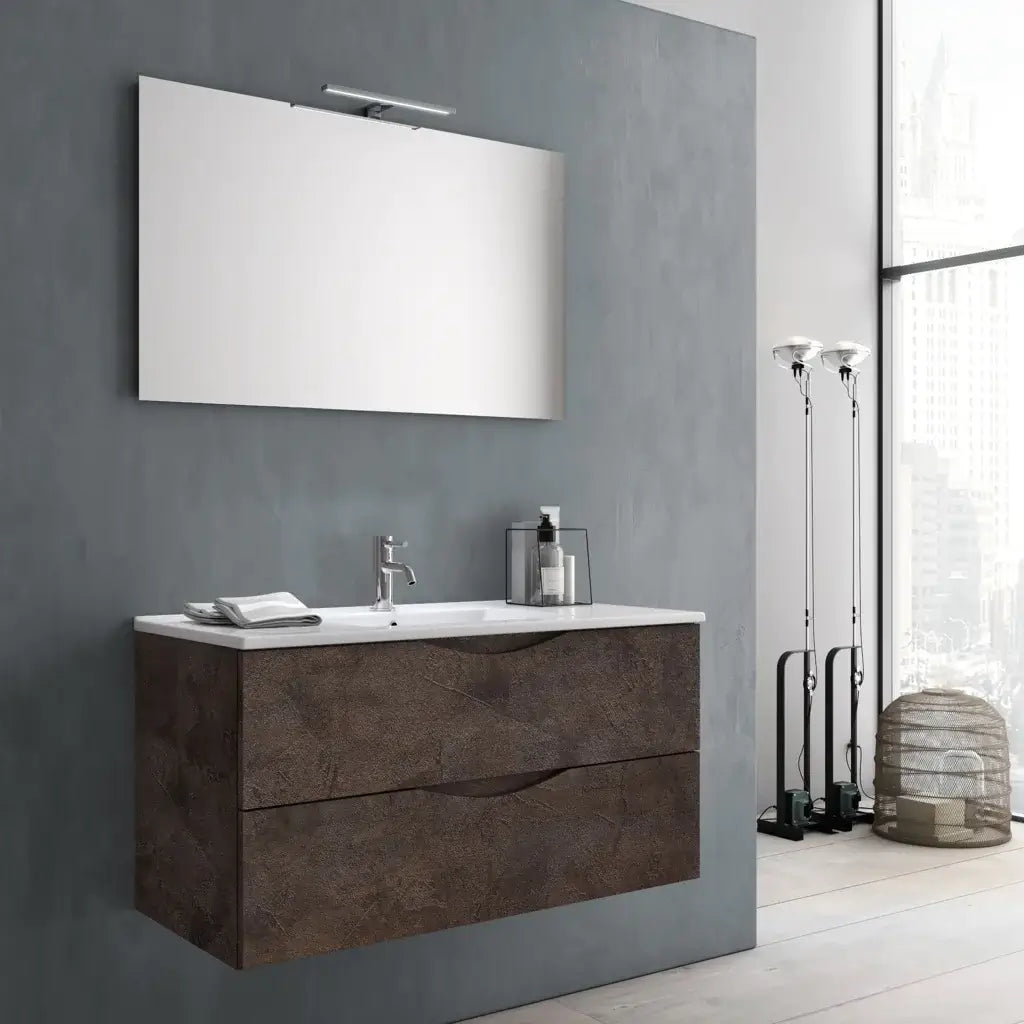 Mobile Bagno Sospeso Effetto Pietra 80cm Due Cassetti e Specchio con Lampada Marrone Effetto Pietra