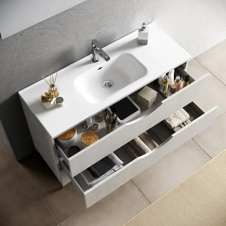 Mobile Bagno Sospeso Effetto Pietra 80cm Due Cassetti e Specchio con Lampada