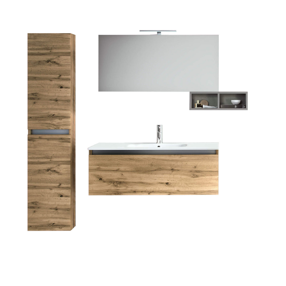 Mobile Bagno Sospeso100cm Con 1 Cassetto, Vano a Giorno, Pensile Colonna, Specchio e Lampada Rovere Miele