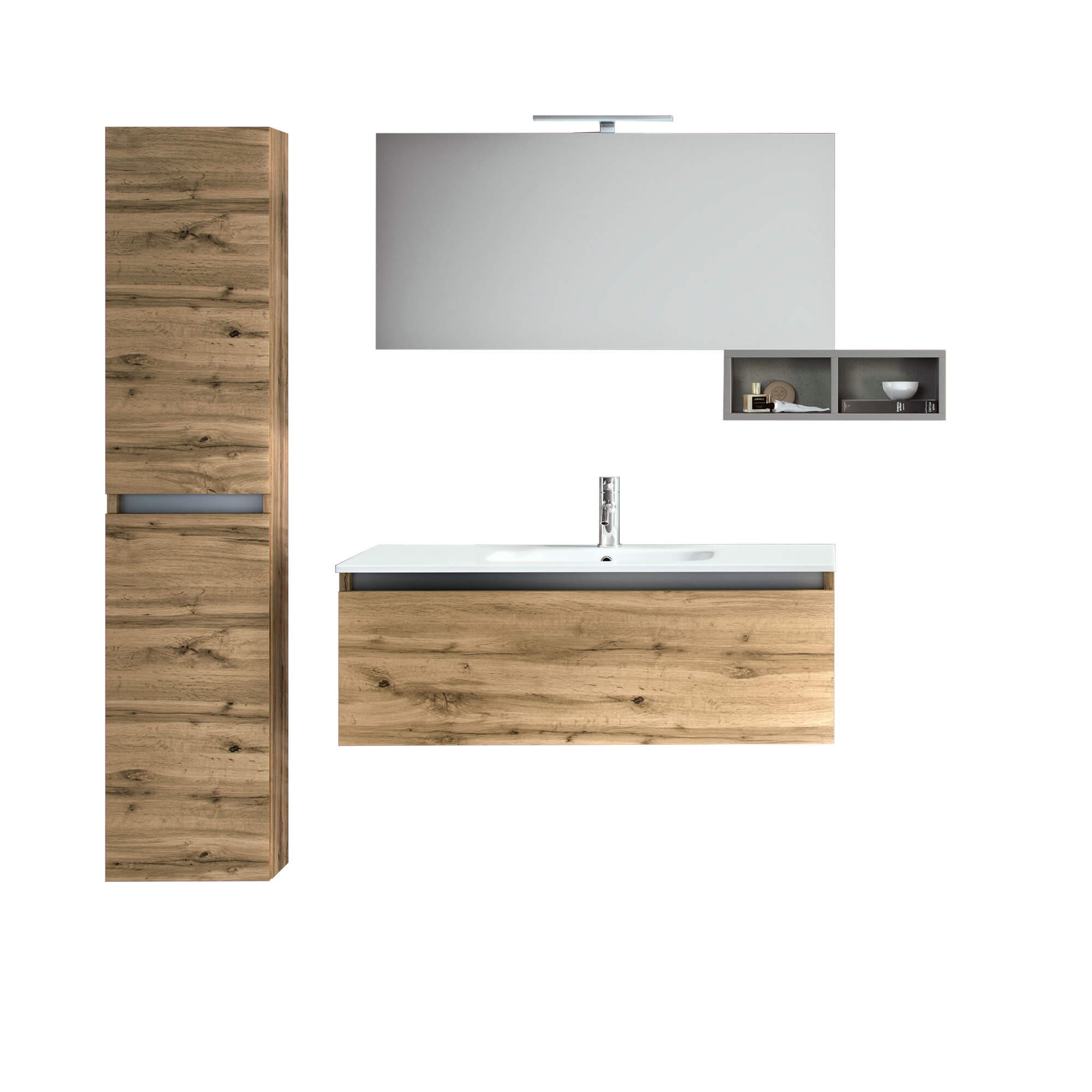Mobile Bagno Sospeso100cm Con 1 Cassetto, Vano a Giorno, Pensile Colonna, Specchio e Lampada Rovere Miele