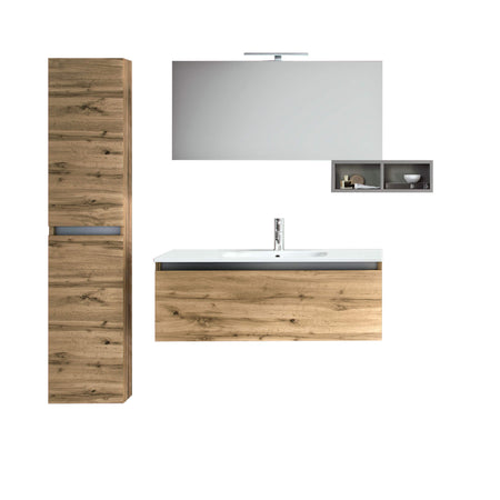 Mobile Bagno Sospeso100cm Con 1 Cassetto, Vano a Giorno, Pensile Colonna, Specchio e Lampada Rovere Miele