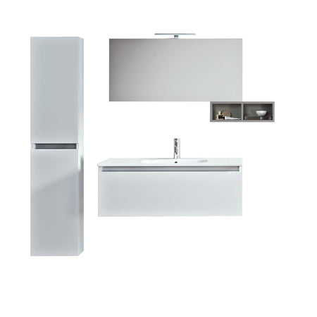 Mobile Bagno Sospeso100cm Con 1 Cassetto, Vano a Giorno, Pensile Colonna, Specchio e Lampada Laccato Bianco Opaco