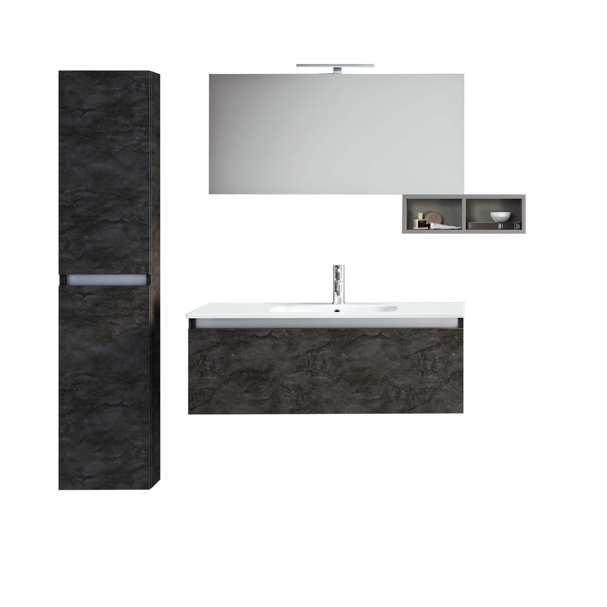 Mobile Bagno Sospeso100cm Con 1 Cassetto, Vano a Giorno, Pensile Colonna, Specchio e Lampada Ossido