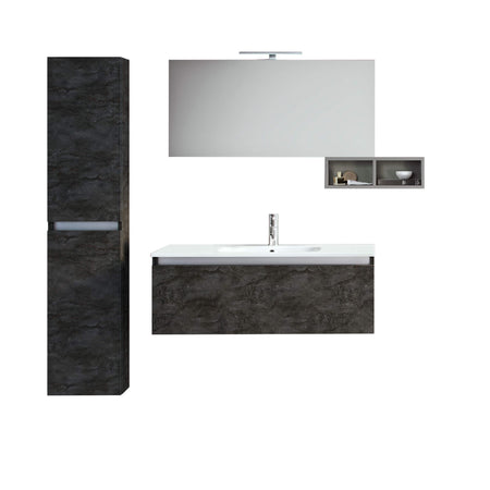 Mobile Bagno Sospeso100cm Con 1 Cassetto, Vano a Giorno, Pensile Colonna, Specchio e Lampada Ossido