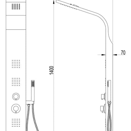 Disegno tecnico quotato del pannello doccia Vienna PNL030: altezza 140 cm, larghezza 20 cm, soffione sporgente 45 cm