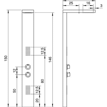Disegno tecnico quotato del pannello doccia Domino PNL010: altezza 150 cm, larghezza 18 cm, profondità 6 cm, soffione sporgente 50 cm