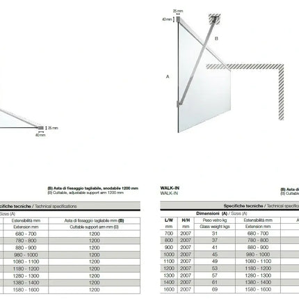 Parete Doccia Walk In H200 Anticalcare 8mm Trasparente