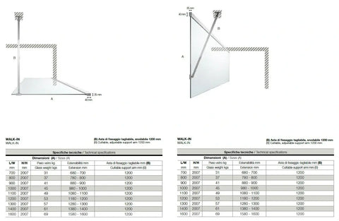 Parete Doccia Walk In H200 Anticalcare 8mm Trasparente