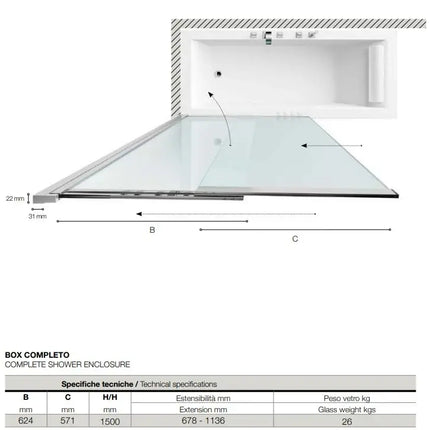 Parete Sopra Vasca 110cm Scorrevole Cristallo 5mm Anticalcare