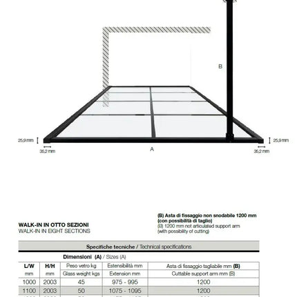 Parete Walk In H200 Anticalcare 8mm Trasparente Con Telaio A Finestra