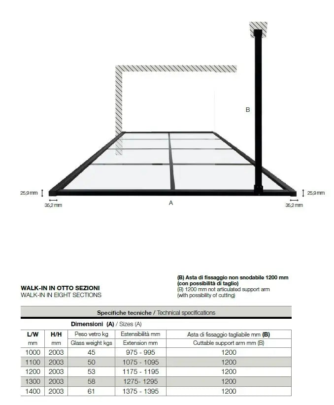 Parete Walk In H200 Anticalcare 8mm Trasparente Con Telaio A Finestra