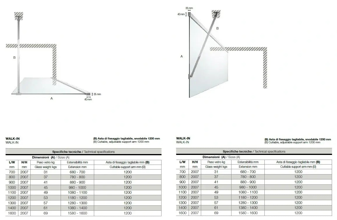 Parete Walk In H200 Anticalcare 8mm Trasparente Profili Oro