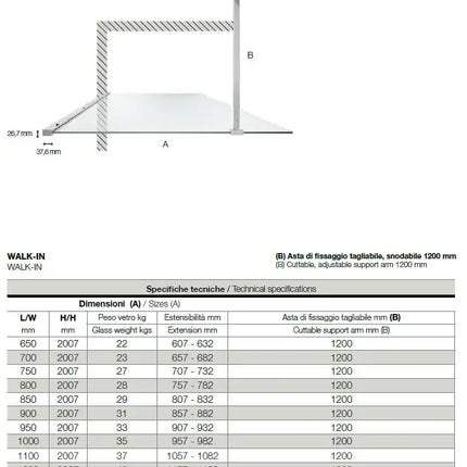 Parete Walk In Profili Neri H200 Anticalcare 6mm Trasparente