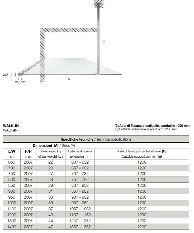 Parete Walk In Profili Neri H200 Anticalcare 6mm Trasparente