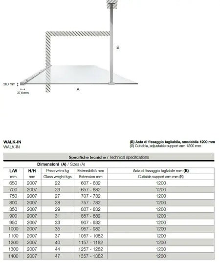 Parete Walk In Profili Neri H200 Anticalcare 6mm Trasparente