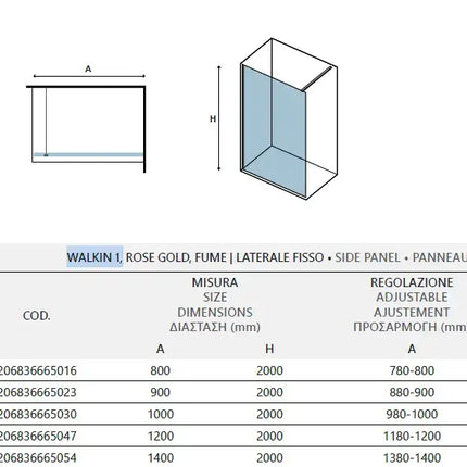 Parete Walkin H200cm Cristallo Fumè 8mm Anticalcare Profili Rose Gold
