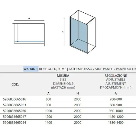 Parete Walkin H200cm Cristallo Fumè 8mm Anticalcare Profili Rose Gold