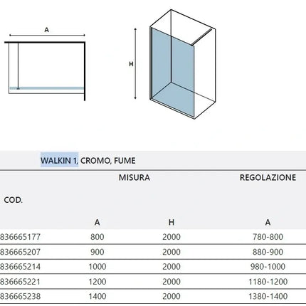 Parete Walkin H200cm Fumè 8mm Anticalcare Profili Cromo