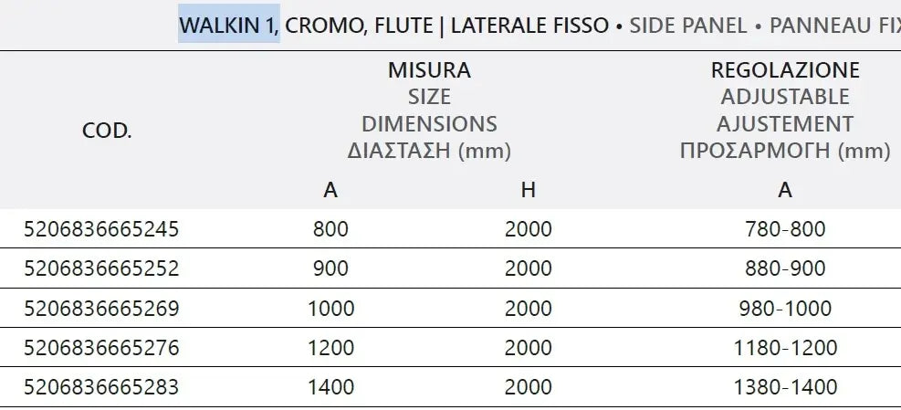 Parete Walkin H200cm Opaca 8mm Anticalcare Profili Cromo