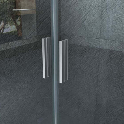Dettaglio maniglie a doppia barra cromata verticale porta doccia scorrevole opaca 6mm ingresso centrale Lineadoccia H190