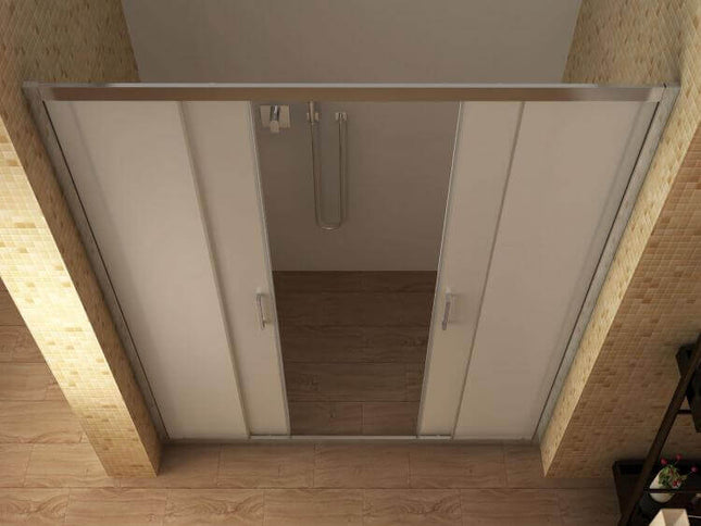 Porta doccia opaca ingresso centrale 6mm H190 con doppia anta aperta, bagno con rivestimento mosaico effetto legno dall'alto