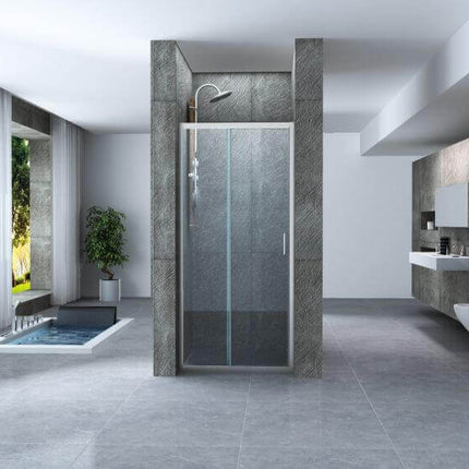Porta doccia scorrevole trasparente 6mm H190 ambientata in bagno completo con vasca e sanitari, vista ampia frontale