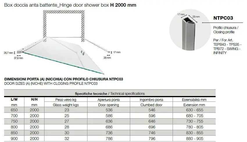 Porta Doccia Battente Totale Anticalcare 6mm H200 - Swing