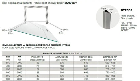 Porta Doccia Battente Totale Anticalcare 6mm H200 - Swing