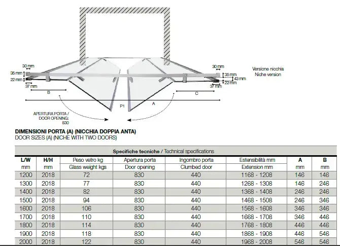 Porta Doccia Doppia Battente Anticalcare 8mm Infinity H200