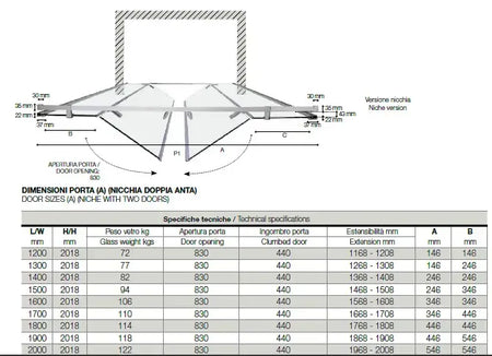 Porta Doccia Doppia Battente Anticalcare 8mm Infinity H200