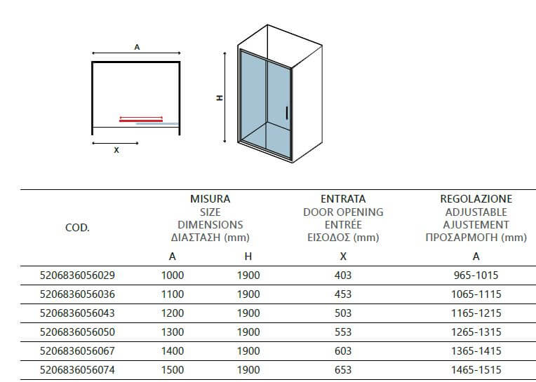 Porta Doccia H190 Scorrevole Trasparente 6mm Anti Calcare - Karag Flora 500