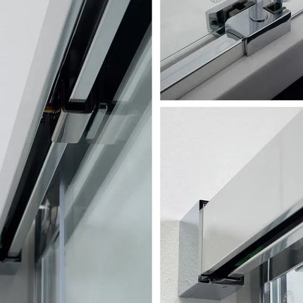 Dettaglio tecnico porta doccia scorrevole 8mm: binario superiore, carrello soft-close e profilo angolare a muro cromato