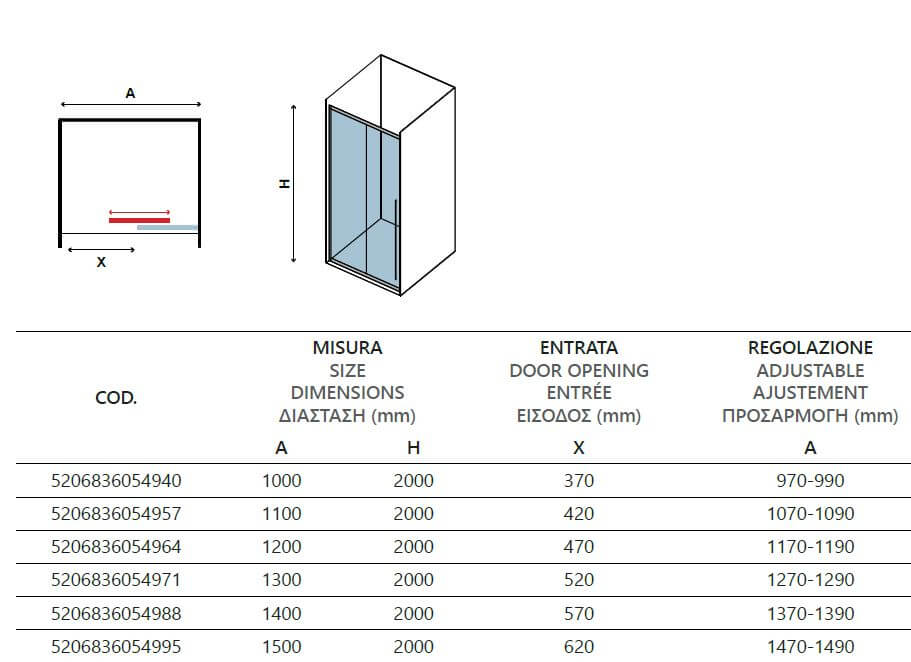 Porta Doccia H200 Scorrevole Trasparente 8mm Anticalcare