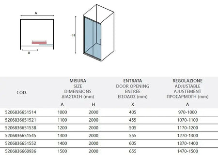 Porta Doccia H200 Trasparente Anticalcare Profili Oro